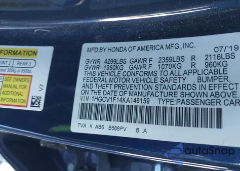 2019 Honda Accord Lx from USA, damaged, VIN 1HGCV1F14KA146159